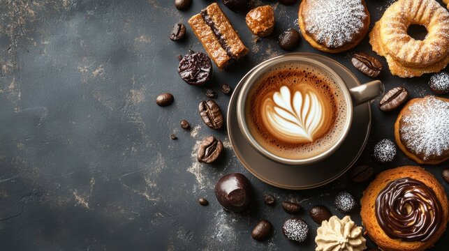 A beautifully arranged coffee cup with assorted pastries and chocolates on a dark surface, perfect for a cozy treat.