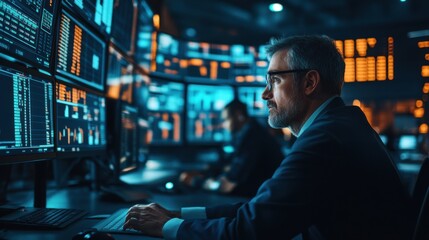 A focused professional analyzing data on multiple monitors in a modern control room, emphasizing technology and teamwork.