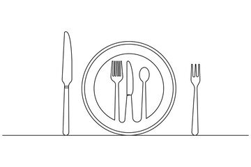 Knife and fork continuous one line drawing and isolated world food day outline vector icon