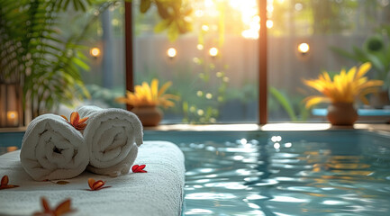 Beautiful spa composition on massage table in wellness center. Generative AI.