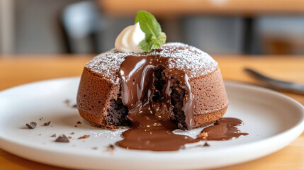 A warm chocolate lava cake with molten chocolate oozing from center, topped with whipped cream and mint leaf, creates delightful dessert experience