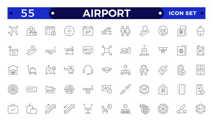 Airport Outline icon set. Contains linear outline icons like Plane, Ticket, Baggage, Seat, WIFI, Bag, Departure, Terminal, Passport, Transport, Luggage, Airplane.