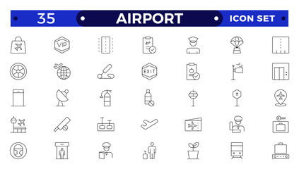 Airport Outline icon set. Contains linear outline icons like Plane, Ticket, Baggage, Seat, WIFI, Bag, Departure, Terminal, Passport, Transport, Luggage, Airplane.