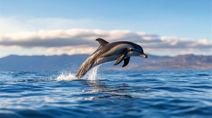 Obraz premium Dolphin Leaping Out of Water with Ocean and Mountains Background