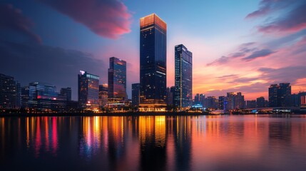 Fototapeta premium Modern City Skyline Reflection at Sunset