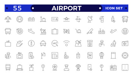 Airport Outline icon set. Contains linear outline icons like Plane, Ticket, Baggage, Seat, WIFI, Bag, Departure, Terminal, Passport, Transport, Luggage, Airplane.