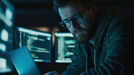 Focused programmer working late at night, analyzing code on a laptop with multiple screens displaying data in the background.