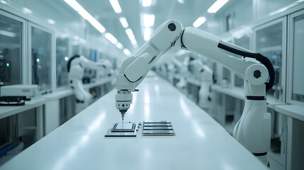 Ultra-clean fabrication of a beryllium copper board, robotic arms delicately handling materials, pristine white cleanroom, high-tech atmosphere, attention to detail