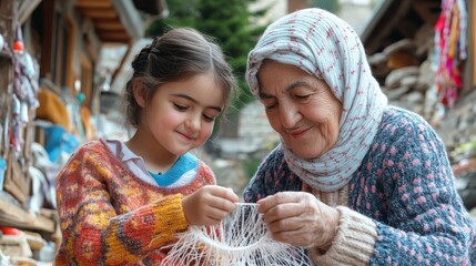 Obraz premium Turkish Grandmother Passing Down Knitting Skills to Granddaughter - Family Bonding Tradition