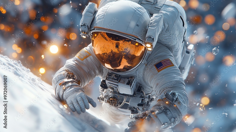 Poster astronaut exploring a snowy landscape with glowing particles.