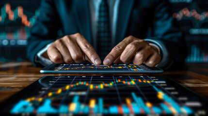 Fototapeta premium Businessman holding stock tablet and market economy graph statistic showing growth of profit analyzing financial