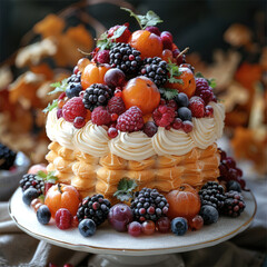 Wonderful autumn cake, vibrant colors, mouth watering, with whipped cream, and autumn fruits. Generative AI.