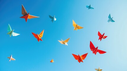 A flock of colorful origami birds fly in a clear blue sky.