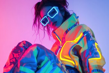 Future Glow: Young Woman Embracing 2024's Neon-Inspired Fashion in Bold Streetwear