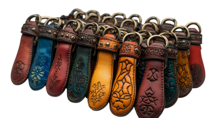 a group of leather keychains.