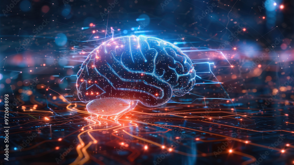 Poster A sleek AI brain icon glowing in the center with data streams radiating out. Generative AI.
