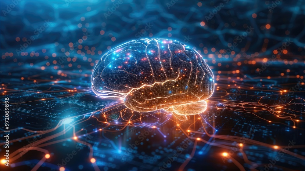 Poster A sleek AI brain icon glowing in the center with data streams radiating out. Generative AI.