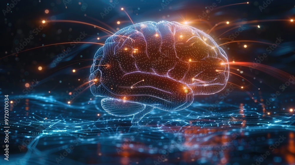 Poster A sleek AI brain icon glowing in the center with data streams radiating out. Generative AI.