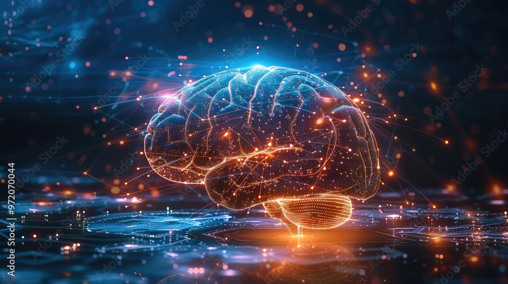Poster A sleek AI brain icon glowing in the center with data streams radiating out. Generative AI.