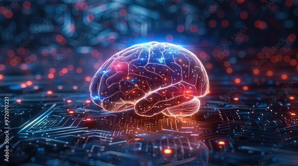 Poster A sleek AI brain icon glowing in the center with data streams radiating out. Generative AI.