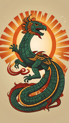 Fototapeta premium A minimal illustration of the Aztec god Quetzalcoatl, the feathered serpent, coiling around a sun disk, symbolizing creation and wisdom from Aztec mythology, with a plain background and copy space