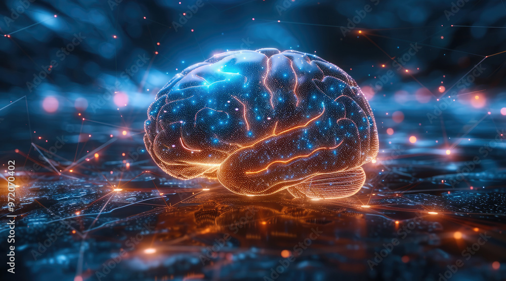 Poster A sleek AI brain icon glowing in the center with data streams radiating out. Generative AI.