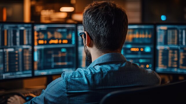 A high-tech command center monitoring global traffic through satellite feeds, with holographic displays and real-time updates