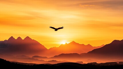 Eagle Soaring Above Mountain Range at Sunset