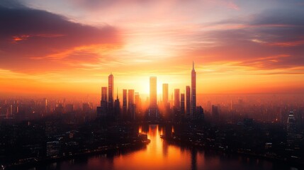 Fototapeta premium Cityscape Sunset with Golden Sky and River Reflection