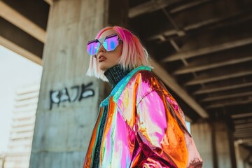 Cyber Chic: Futuristic Gender-Fluid Model in Oversized Holographic Jacket - Gen Z Tech Fashion Trends 2024