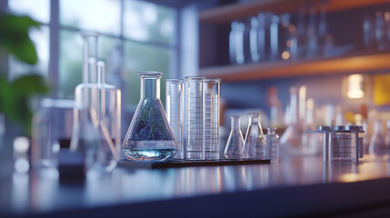 Detailed View of Graduated Cylinders and Flasks on a Lab Workbench