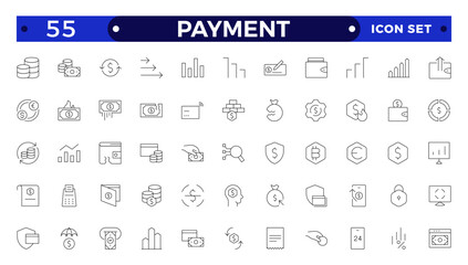 Payment outline icon set. Business and finance payment collection with money, banking, credit card, exchange, cash and transaction icon.