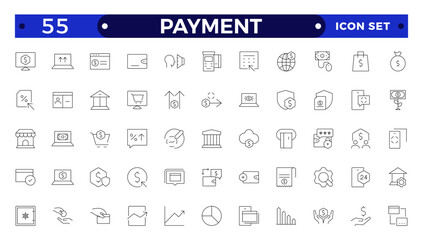 Payment outline icon set. Business and finance payment collection with money, banking, credit card, exchange, cash and transaction icon.