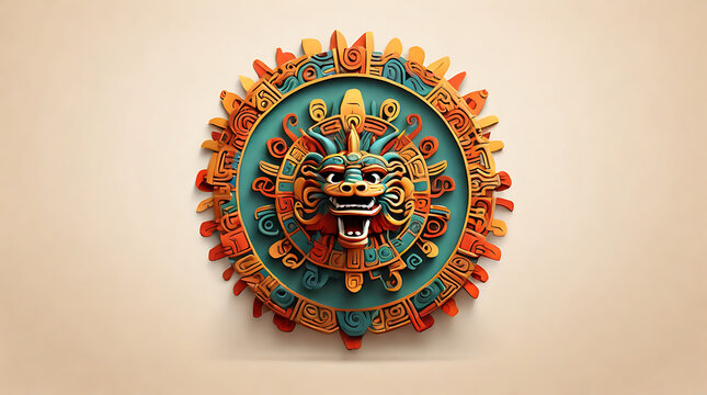 A minimal illustration of the Aztec god Quetzalcoatl, the feathered serpent, coiling around a sun disk, symbolizing creation and wisdom from Aztec mythology, with a plain background and copy space