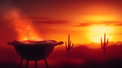 Vintage desert oasis, grill smoking meats under a fiery sunset, surrounded by cacti, subtle warm tones, nostalgic glow, Retro-futuristic, Watercolor