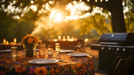Vintage garden soiree, floral tablecloths, classic iron grill softly smoking, guests in retro attire, golden hour lighting, oil painting, sepia tones