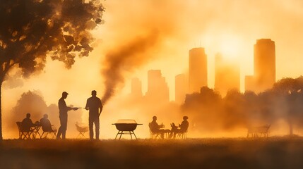 Vintage-style cookout scene in a bustling city park, smoke from the grill mixing with sepia-toned skyscrapers, people enjoying classic games, Retro, Watercolor illustration