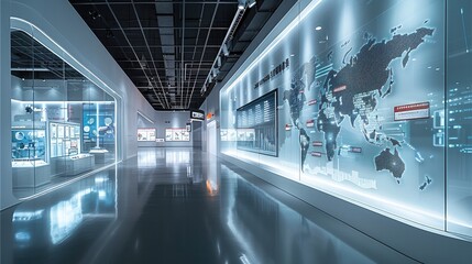 A white exhibition hall, with a display wall featuring an interactive touch screen and digital graphics displaying global data on a world map. Glass walls show images of industrial equipment.