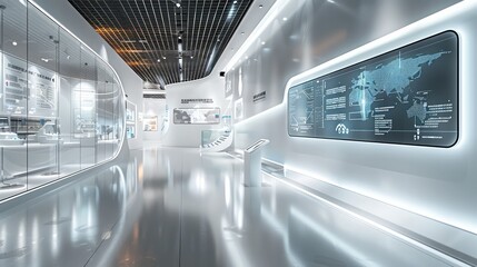 A white exhibition hall, with a display wall featuring an interactive touch screen and digital graphics displaying global data on a world map. Glass walls show images of industrial equipment.