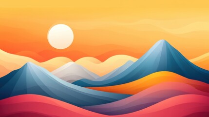 A colorful abstract painting of mountains and a sun, AI