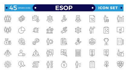 Employee stock ownership plan Outline icon collection. ESOP, benefits, company, shares, benefits, management, win-win, scheme, and ownership icon set. UI Editable stroke outline icon.
