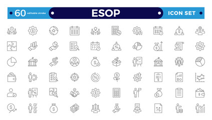 Employee stock ownership plan Outline icon collection. ESOP, benefits, company, shares, benefits, management, win-win, scheme, and ownership icon set. UI Editable stroke outline icon.
