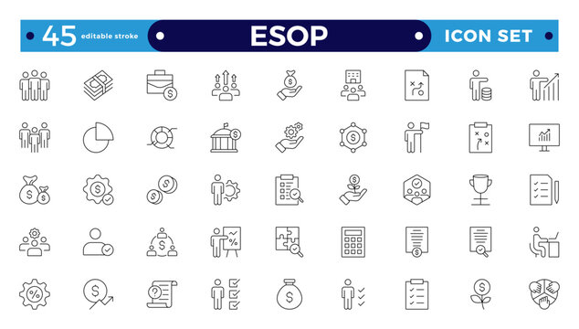 Employee stock ownership plan Outline icon collection. ESOP, benefits, company, shares, benefits, management, win-win, scheme, and ownership icon set. UI Editable stroke outline icon.
