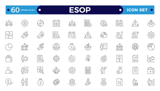 Employee stock ownership plan Outline icon collection. ESOP, benefits, company, shares, benefits, management, win-win, scheme, and ownership icon set. UI Editable stroke outline icon.
