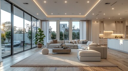 A spacious living room with high ceilings, decorated in neutral tones like white, gray, and beige. The floor is light wood, The ceiling is clean and ready to add recessed lighting. Generative AI.