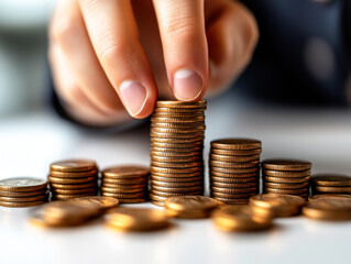 Close-up of businessman putting coin onto stacks of coins