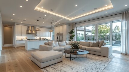 A spacious living room with high ceilings, decorated in neutral tones like white, gray, and beige. The floor is light wood, The ceiling is clean and ready to add recessed lighting. Generative AI.