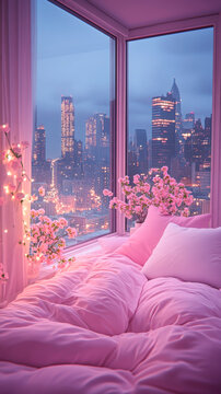 Fototapeta Modern style luxury pink master bedroom with blurry city view in the night background