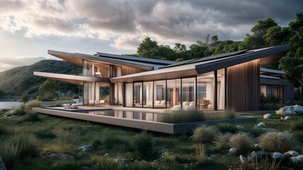 A house with a pool and a large glass wall that says the house is made of glass.