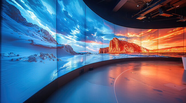 An immersive dome with a curved 360 degrees LED screen, displaying breathtaking and vibrant images of travels around the world. Generative AI.